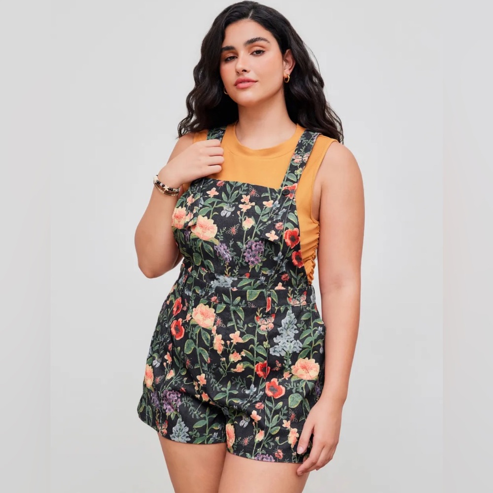 Cider Floral Black Short Overalls Romper with Mustard Tank